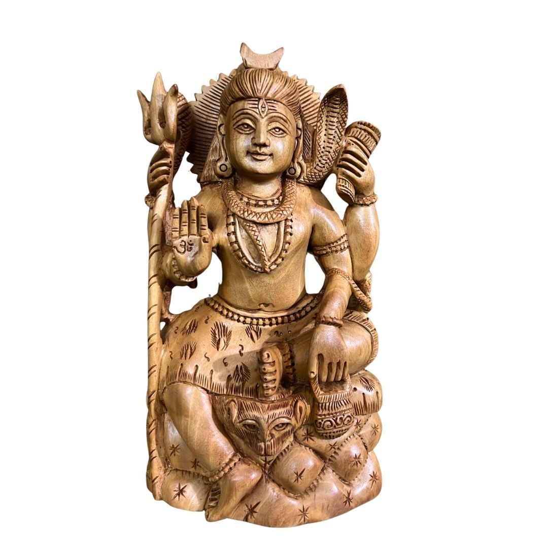 Mini Sandalwood Lord Shiva Idol with Om Hand and Trishul Carving