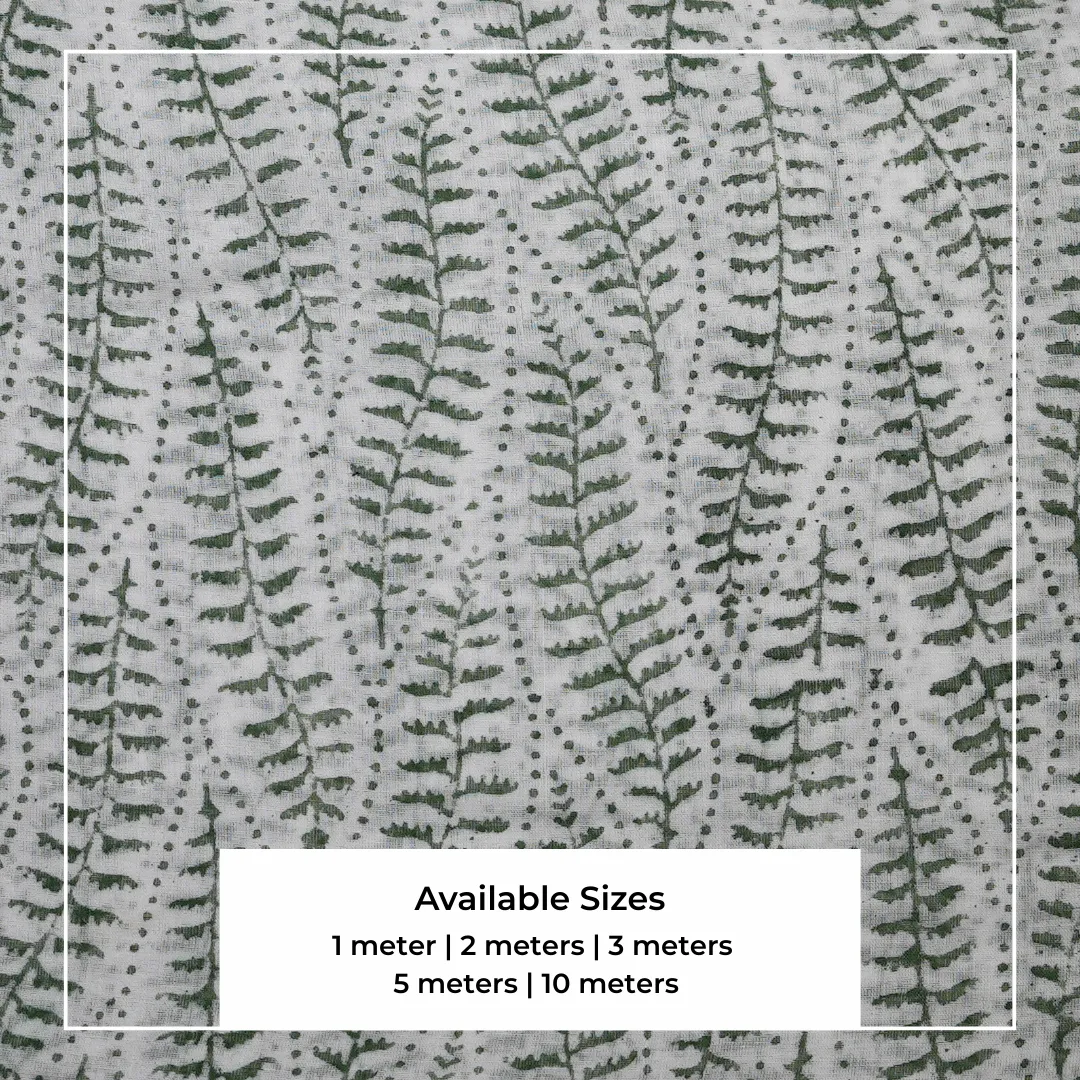 Single-Sided Hand Block Printed Mal Cotton Fabric – Green Floral | Sold Per Meter