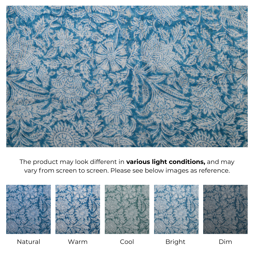 Single-Sided Block Printed Mal Cotton Fabric in Blue Botanical Pattern