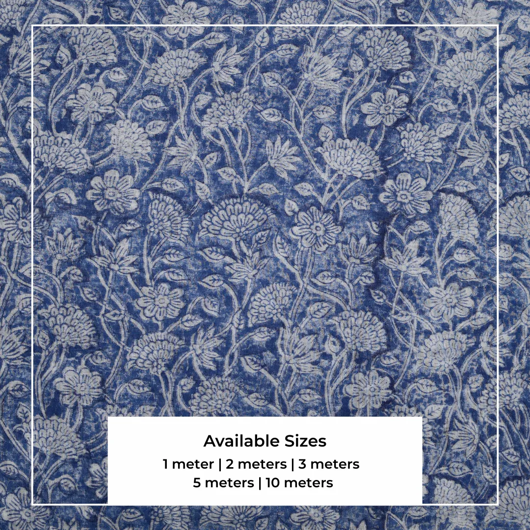 Single-Sided Hand Block Printed Mal Cotton Fabric – Indigo Floral | Sold Per Meter