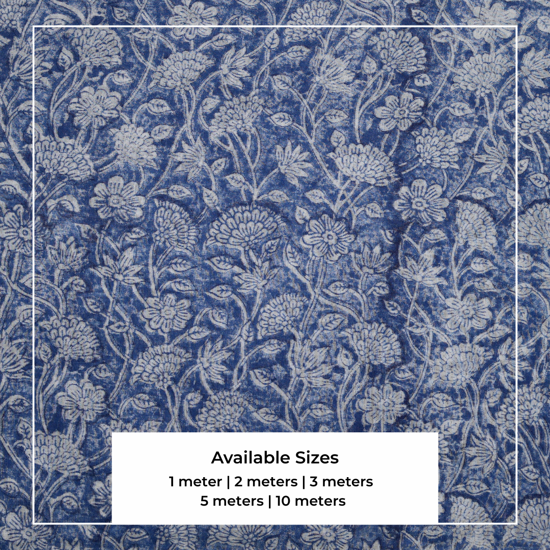 Single-Sided Block Printed Mal Cotton Fabric in Indigo Floral Pattern