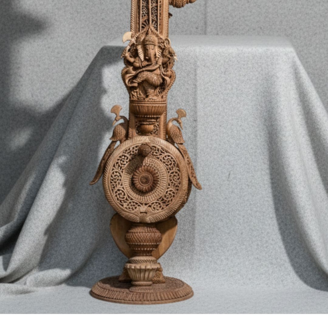 Pure Sandalwood Divine Veena Sculpture with Ornate Carving
