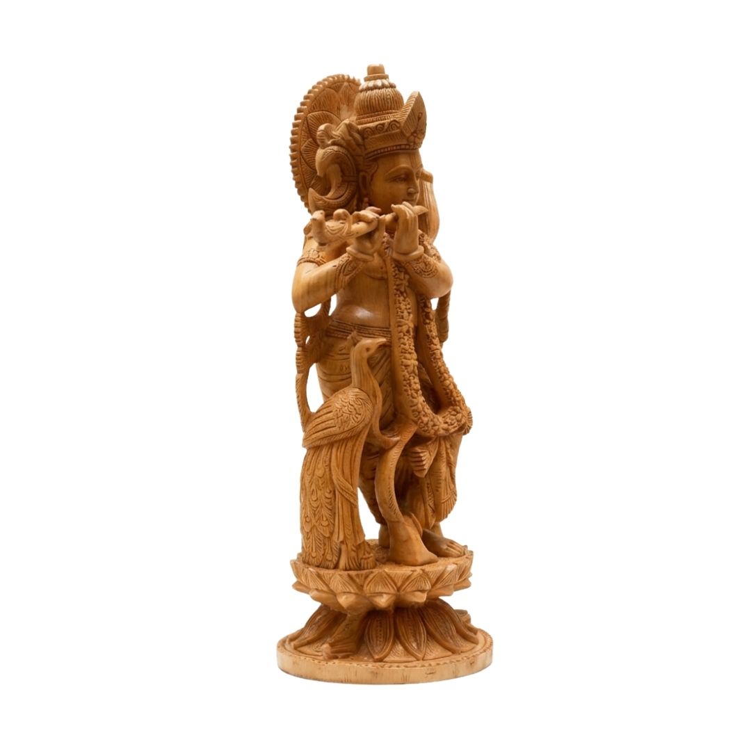 Handcrafted Wooden Lord Krishna Idol Standing with Flute in Nature-Inspired Carving
