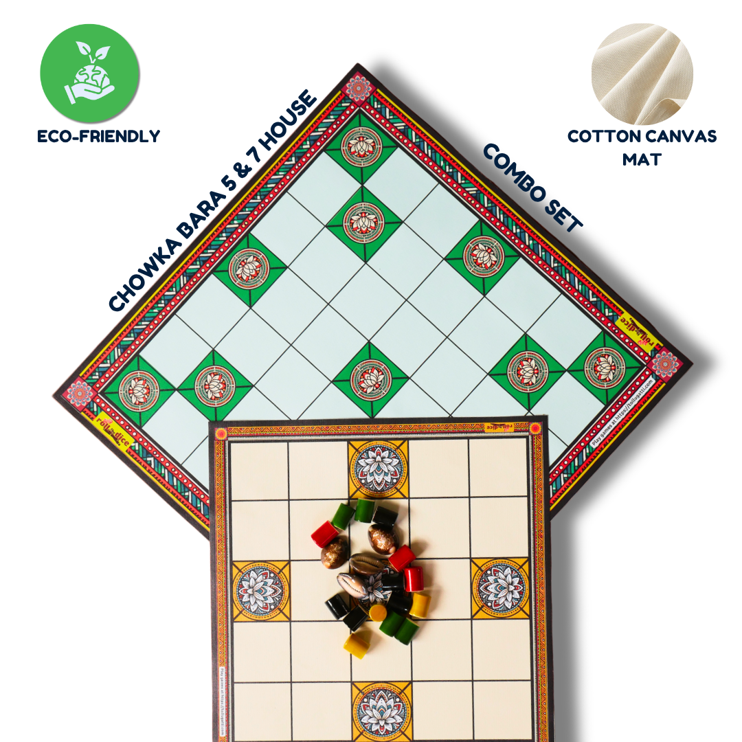 Chowka Bara 5 & 7 House Board Game Combo Set | Cotton Canvas Mat & Wooden Pawns | Ashta Chamma (Telugu), Daayam (Tamil) | Includes How to Play Instructions