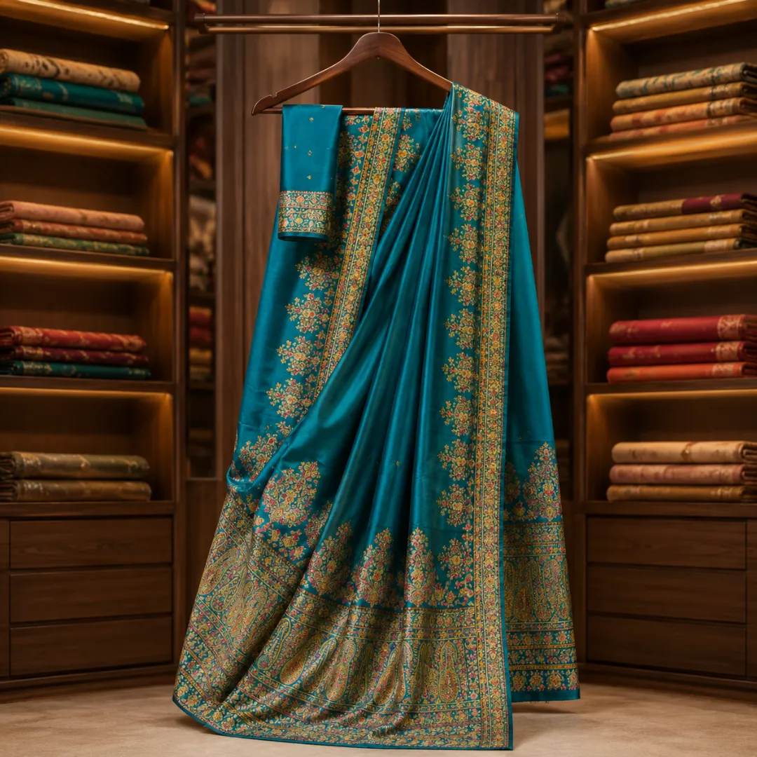 Festive Kashmiri Handwoven Peacock Blue Pashmina Silk Saree with Blouse Piece