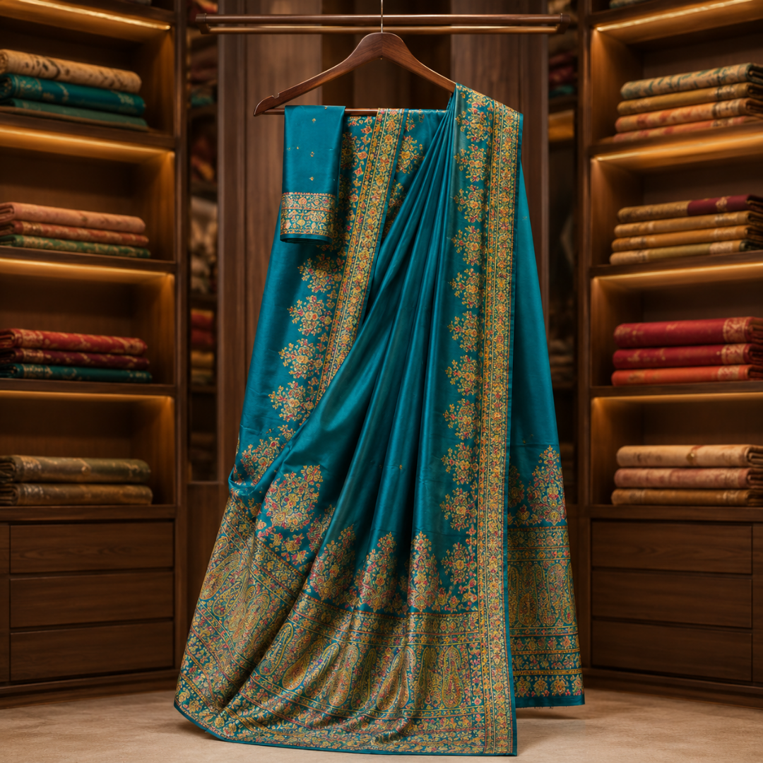 Festive Kashmiri Handwoven Peacock Blue Pashmina Silk Saree with Blouse Piece
