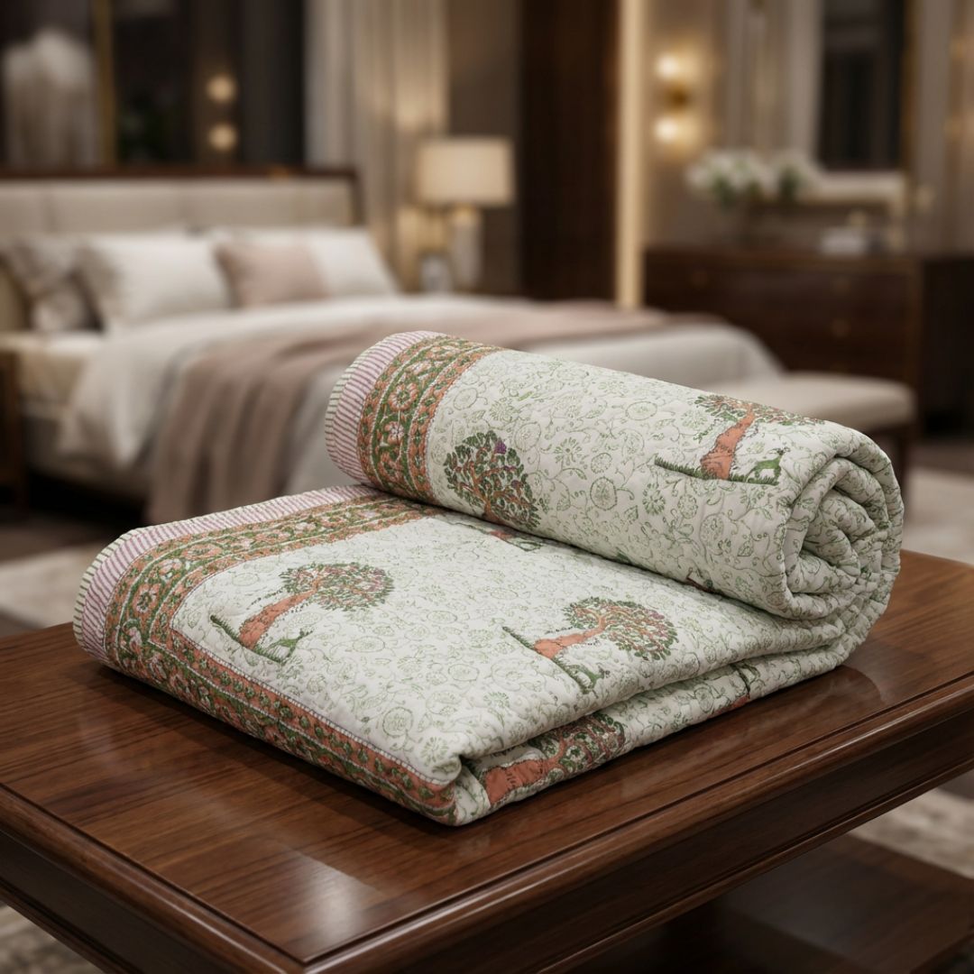 Double Double-Sided Block Printed Cotton Comforter with Tree and Border Motifs