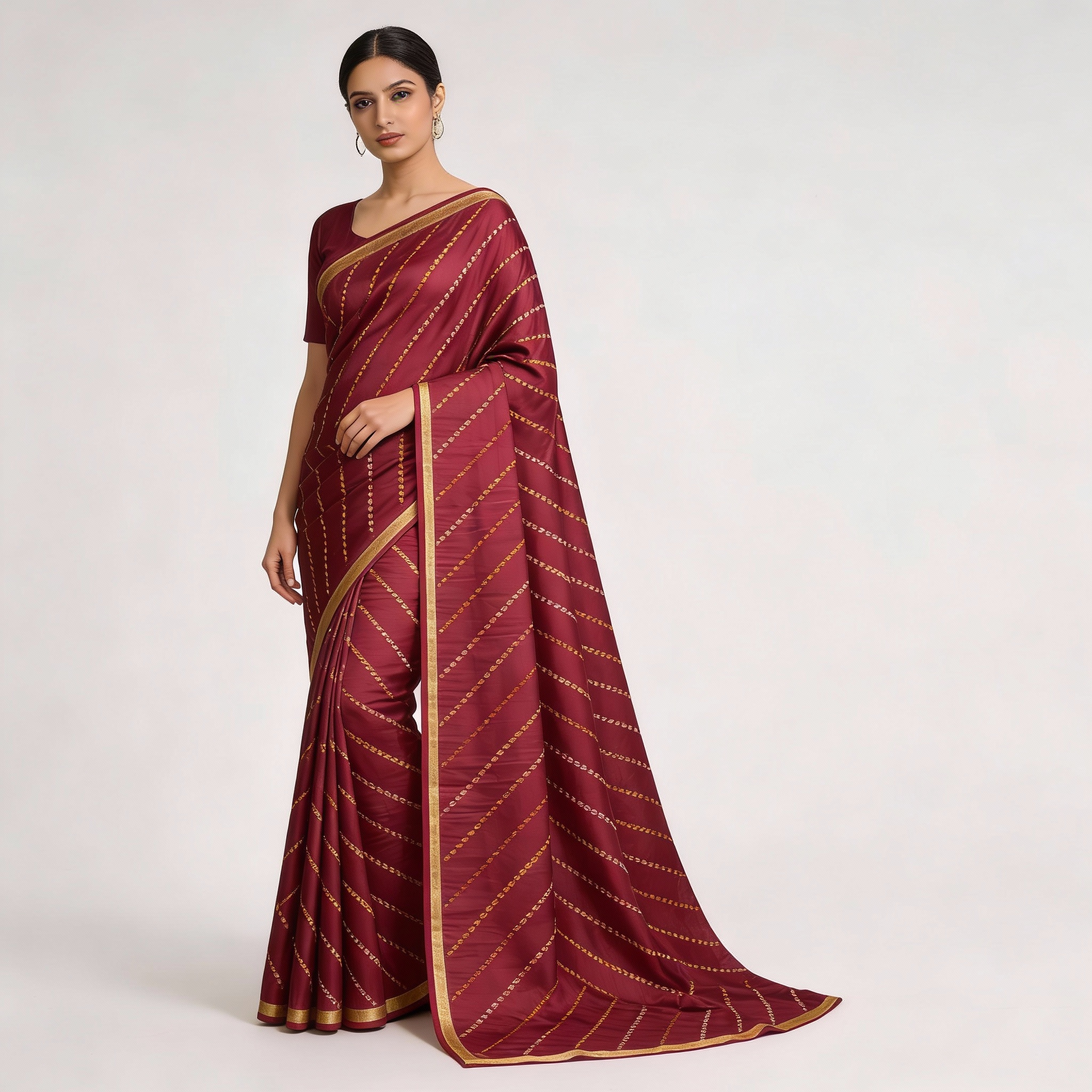 Rich Jhankar Bandhej Tie & Dye Semi Silk Saree in Deep Maroon Tones with Coordinated Blouse (Unstitched)
