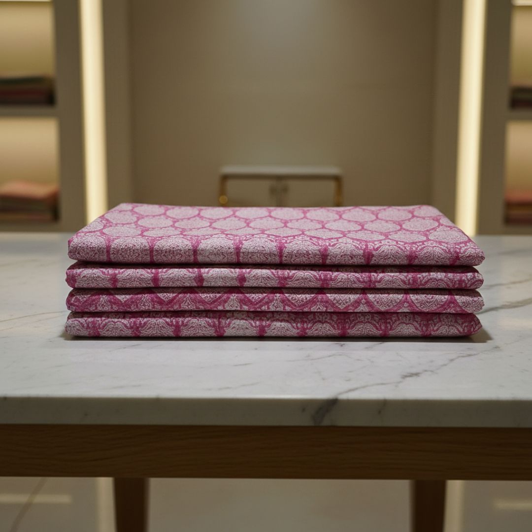 Single-Sided Block Printed Mal Cotton Fabric in Pink Geometric Pattern