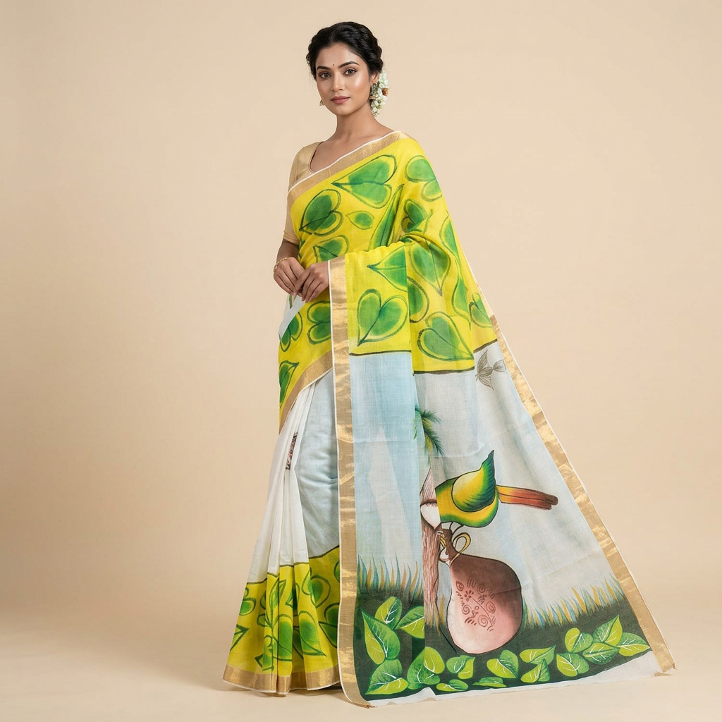 Kerala Cotton Hand-Painted Off-White Saree with Lime Green Leaf Motifs & Scenic Pallu | Includes Blouse Piece