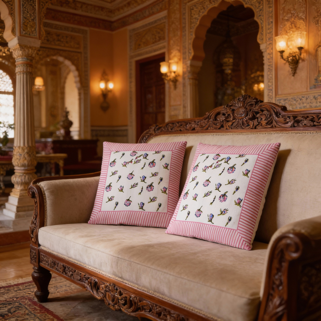 Block Printed South Cotton Cushion Covers in Floral Pattern