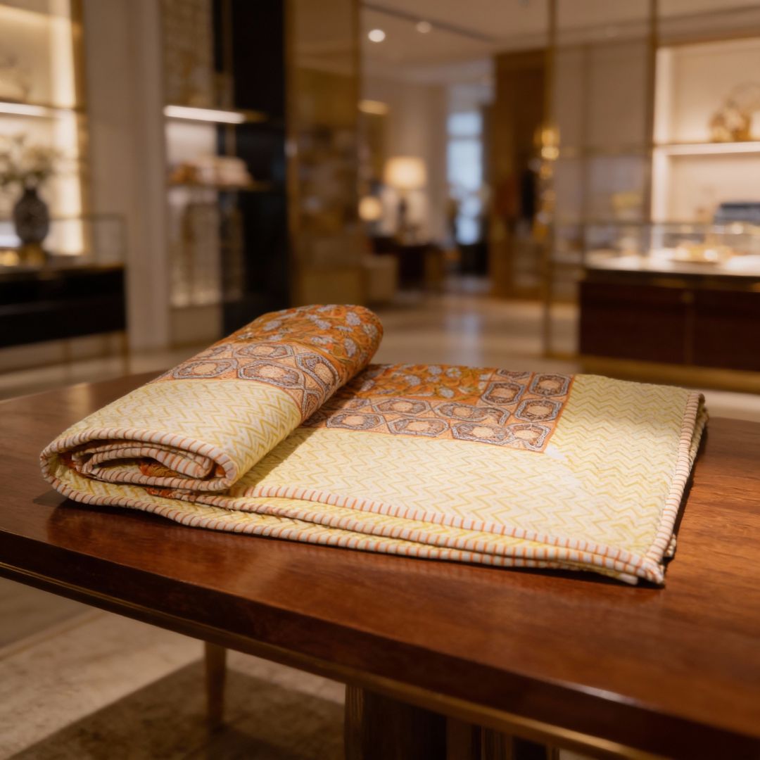 Single Double-Sided Block Printed Cotton Comforter in Yellow Floral Pattern