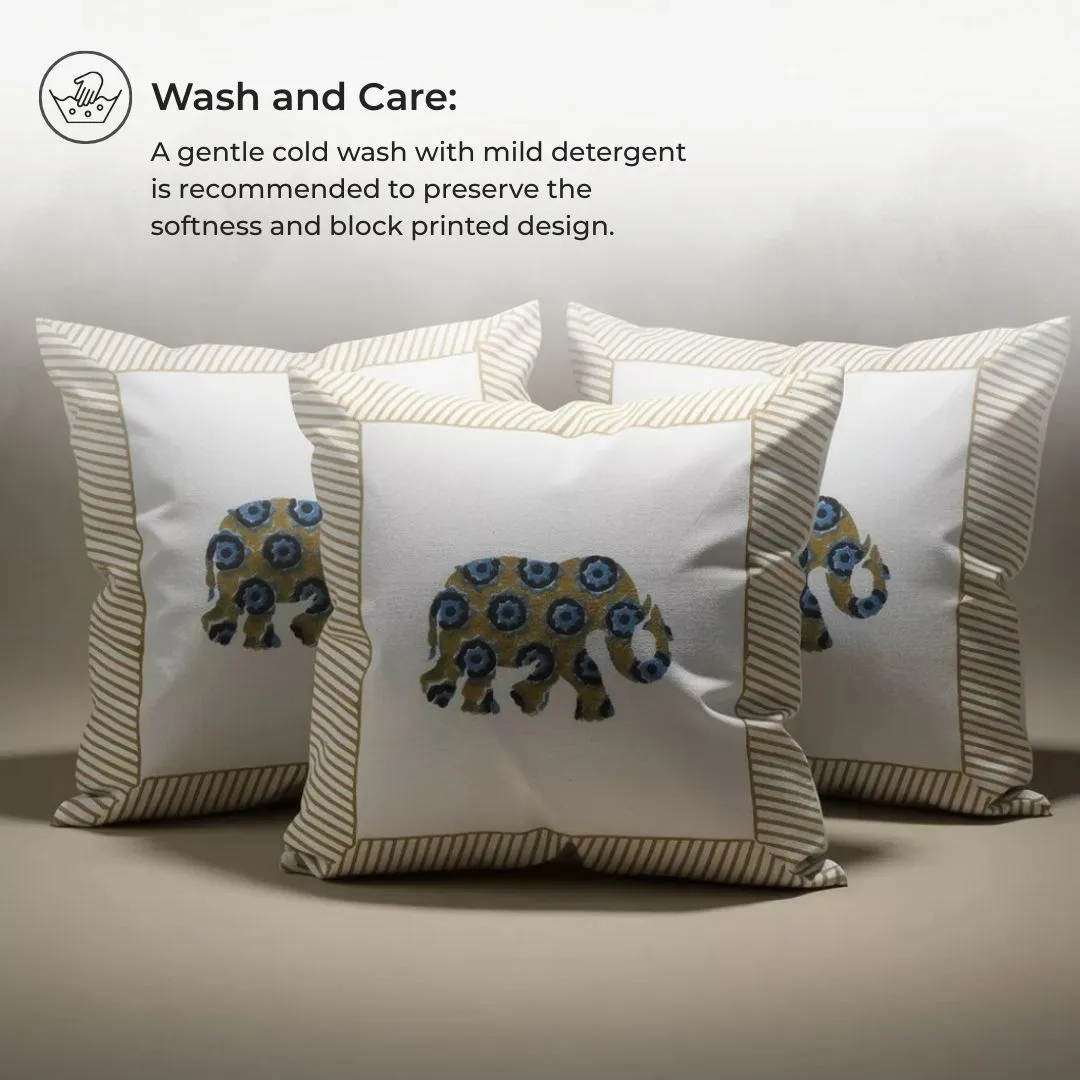 Hand Block Printed Cotton Cushion Covers with Central Elephant Motif (Set of 2)