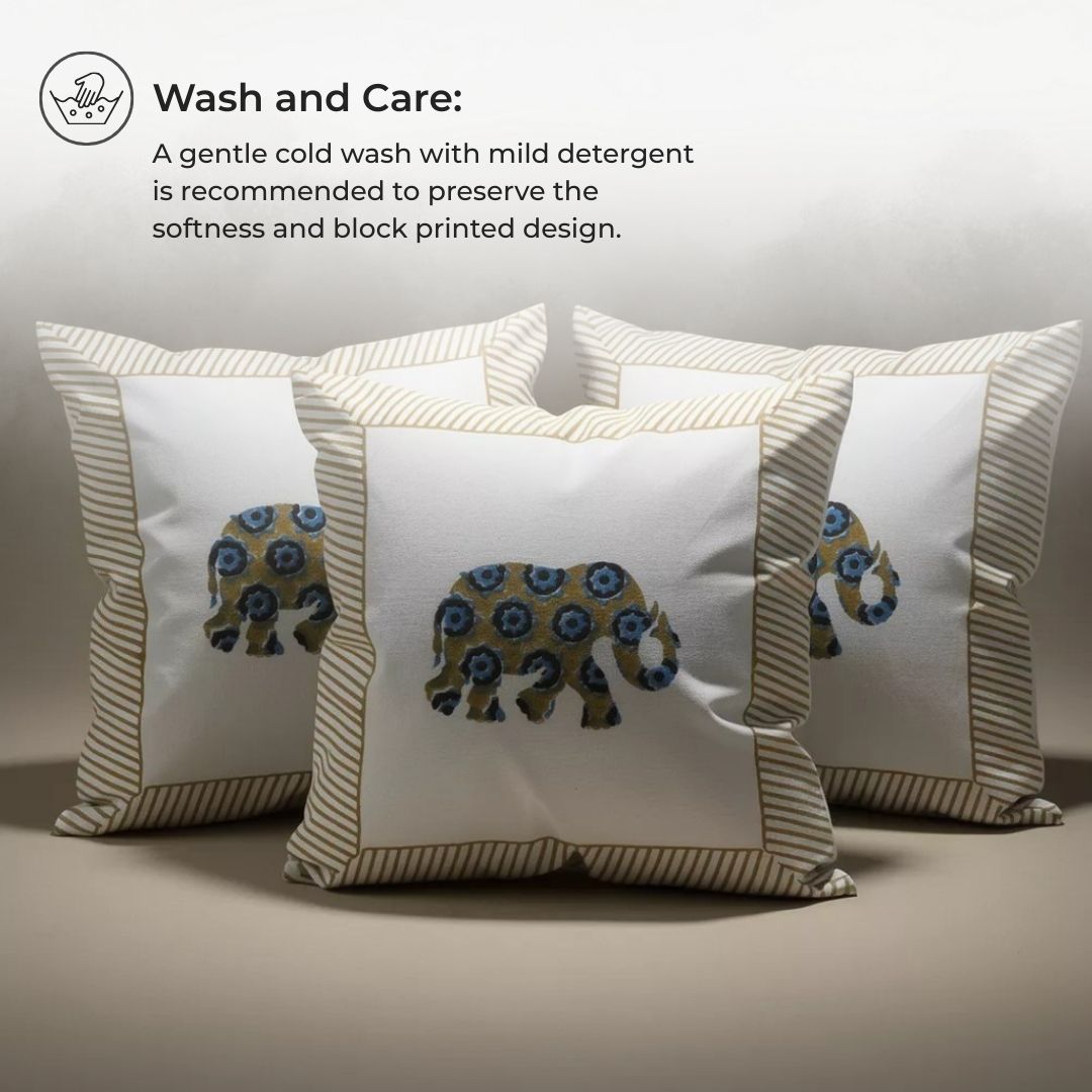 Block Printed Cotton Cushion Covers with Central Floral Motif (Set of 2)