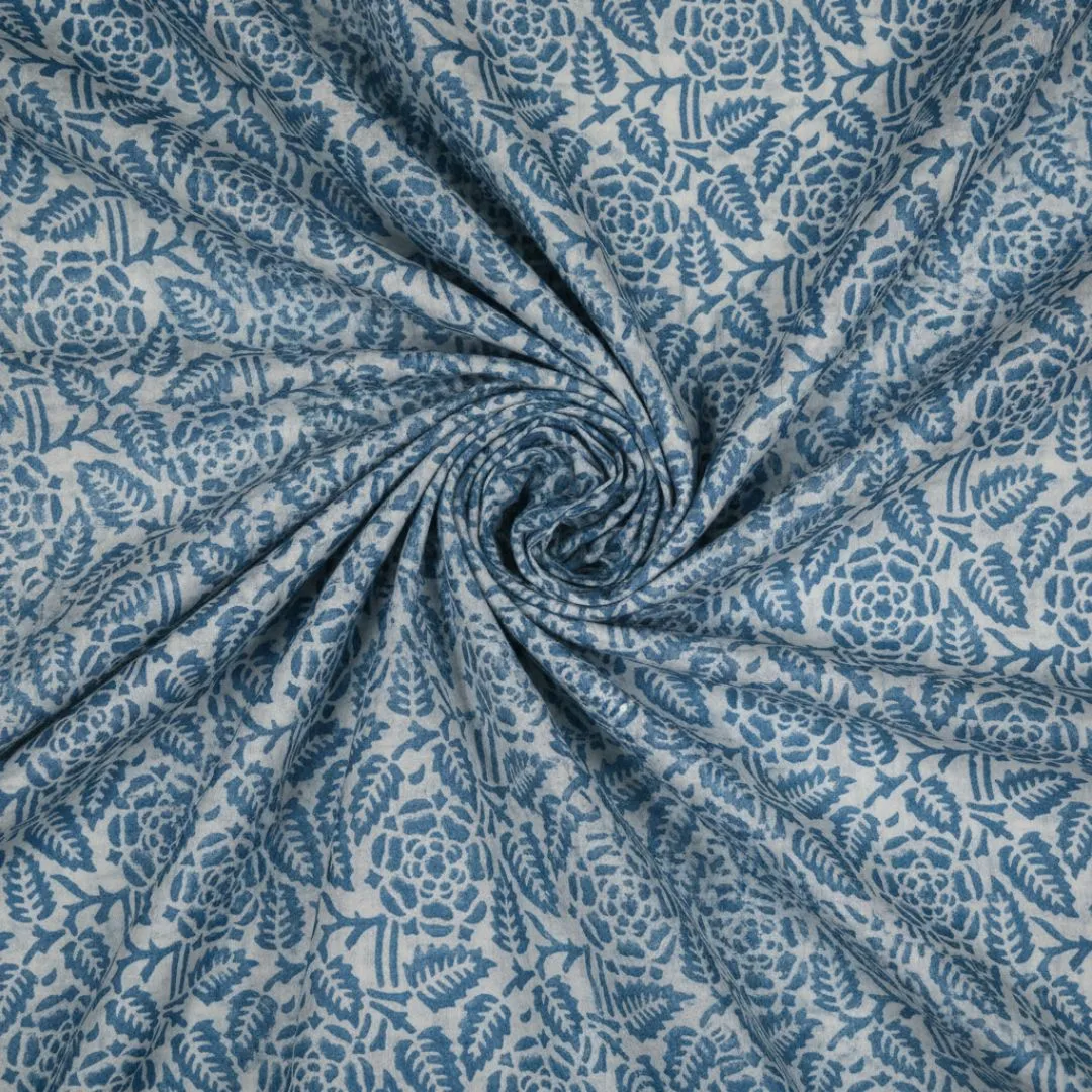 Single-Sided Hand Block Printed Mal Cotton Fabric – Indigo Floral | Sold Per Meter