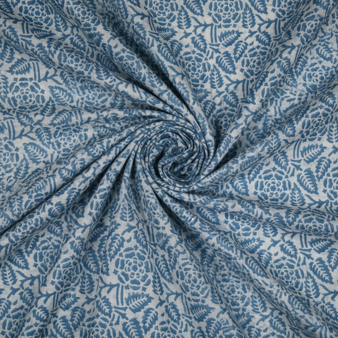 Single-Sided Block Printed Mal Cotton Fabric in Indigo Floral Pattern