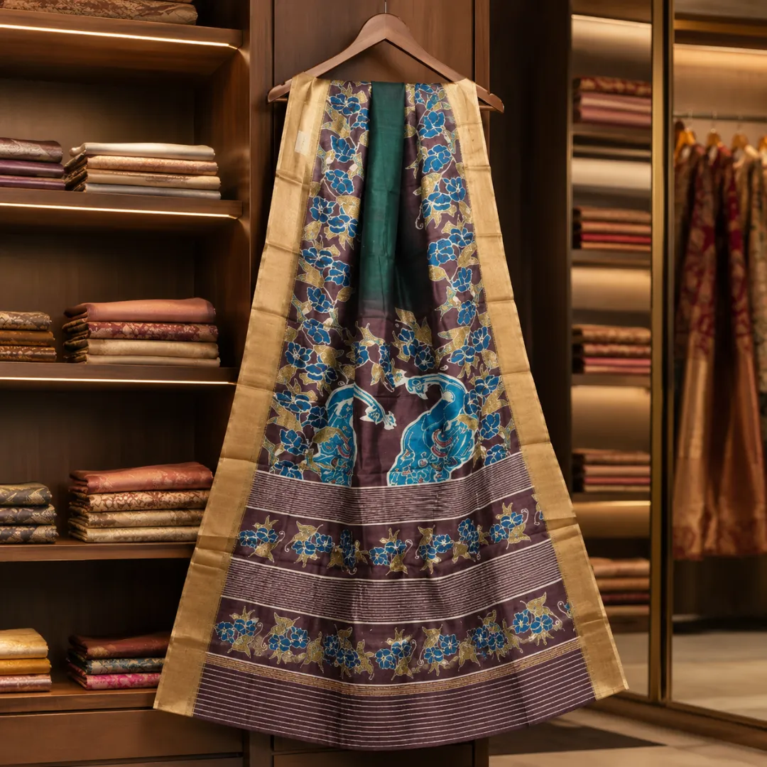 Golden Aura Handcrafted Bapta Tissue Saree with Abstract Pattern & Blouse Piece