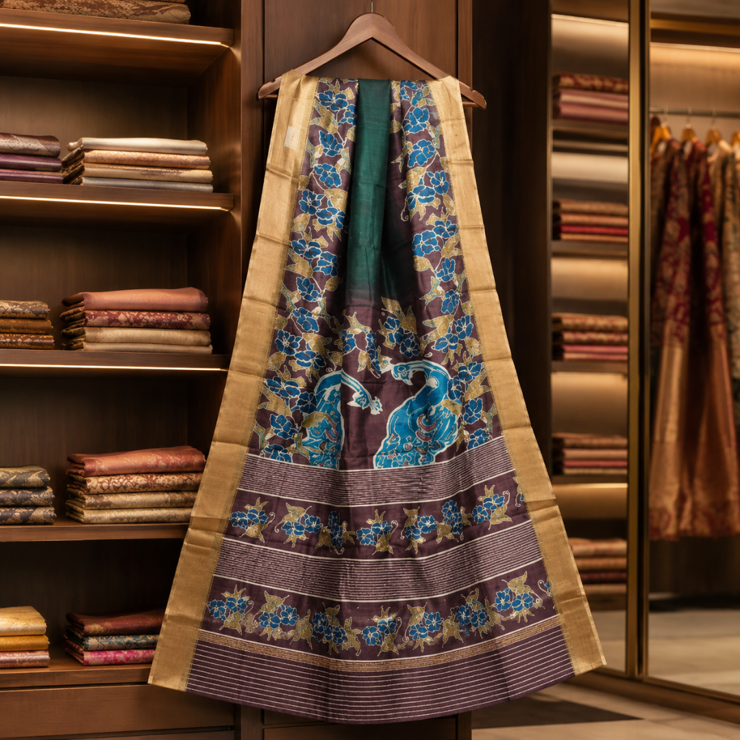 Golden Aura Handcrafted Bapta Tissue Saree with Abstract Pattern & Blouse Piece