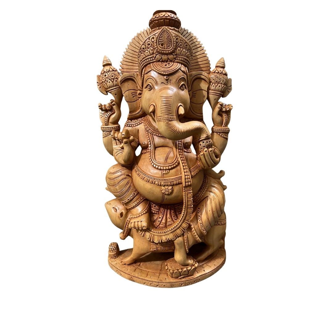 Handcrafted Sandalwood Ganesha Idol in Blessing Pose with Modak and Kalash