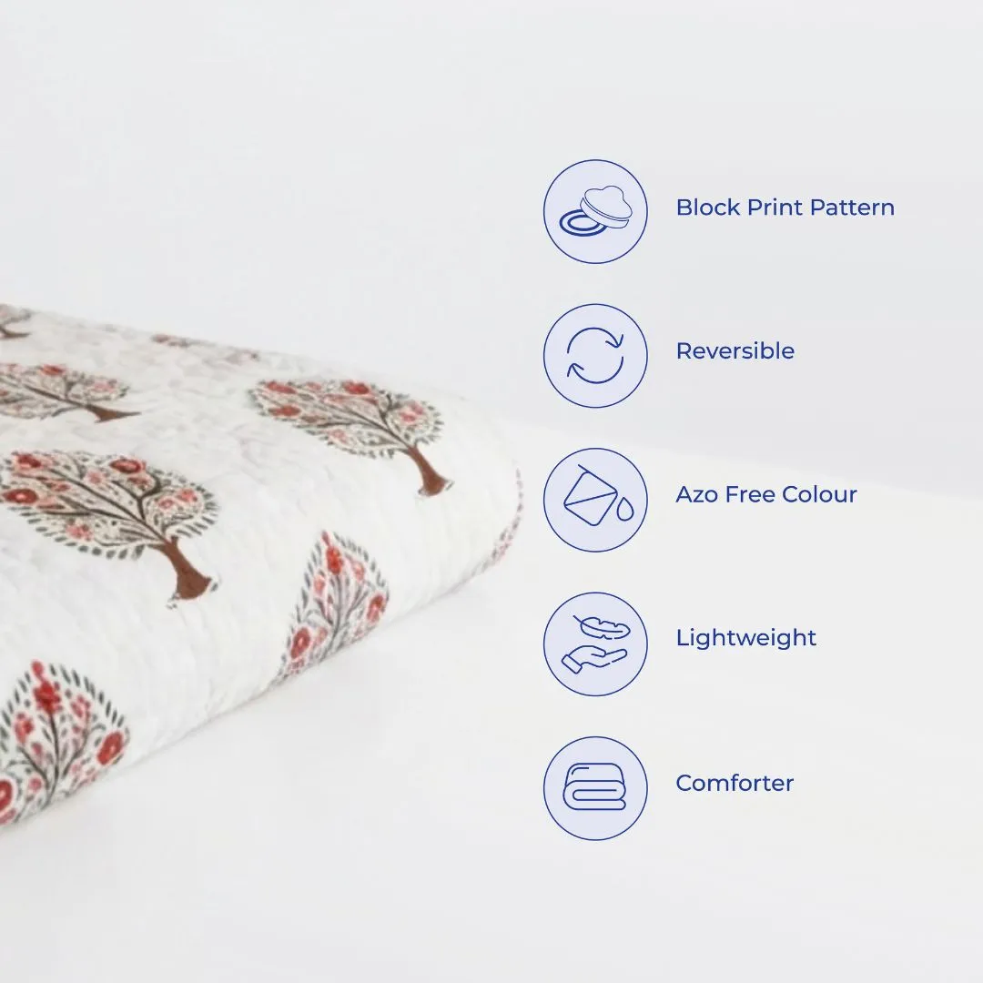 Double Double-Sided Block Printed Cotton Comforter in Grey Floral Pattern