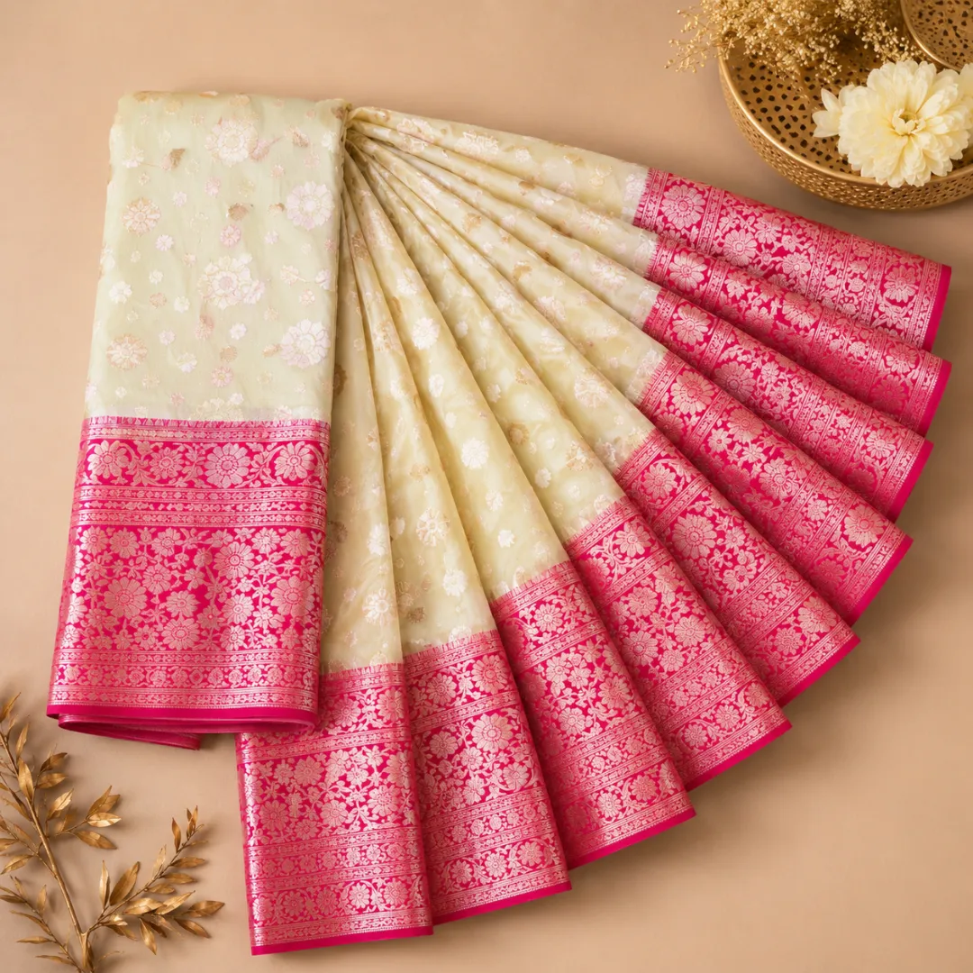 Handcrafted Creamy White Muslin Organza Saree with Deep Pink Zari Border & Blouse