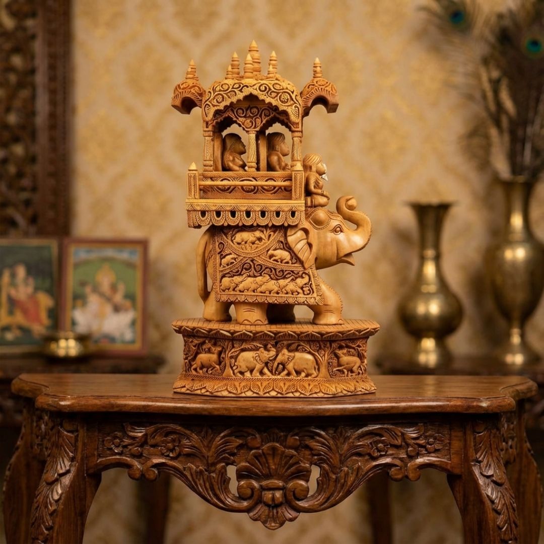 Royal Wooden Elephant Howdah Sculpture in Traditional Maharaja Style