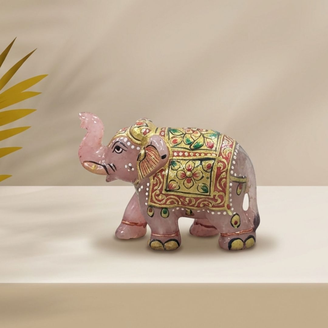 Handcrafted Rose Quartz Elephant Figurine with Traditional Painting