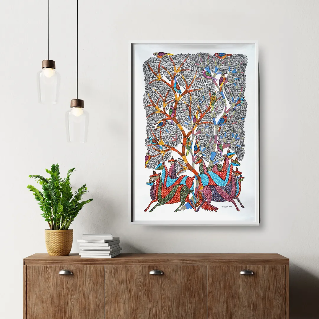 Deer and Birds Under the Tree
