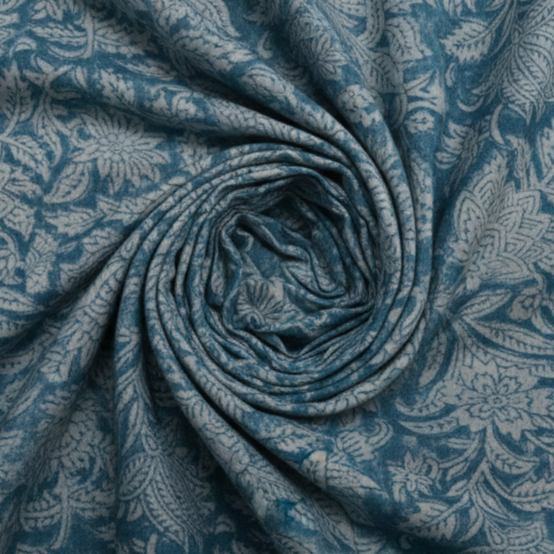 Single-Sided Block Printed Mal Cotton Fabric in Blue Botanical Pattern
