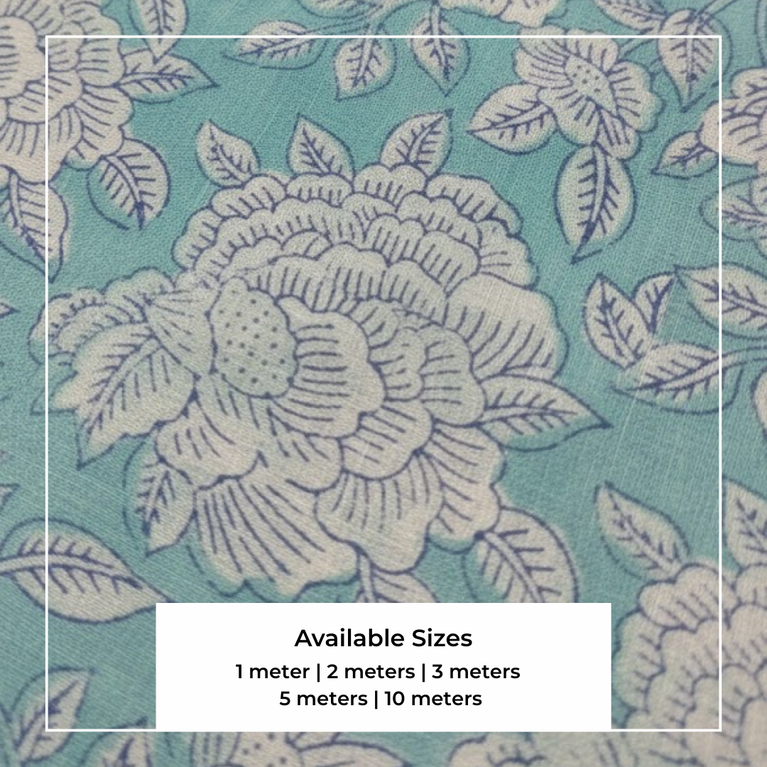 Single-Sided Block Printed Mal Cotton Fabric in Soft Blue Floral Pattern