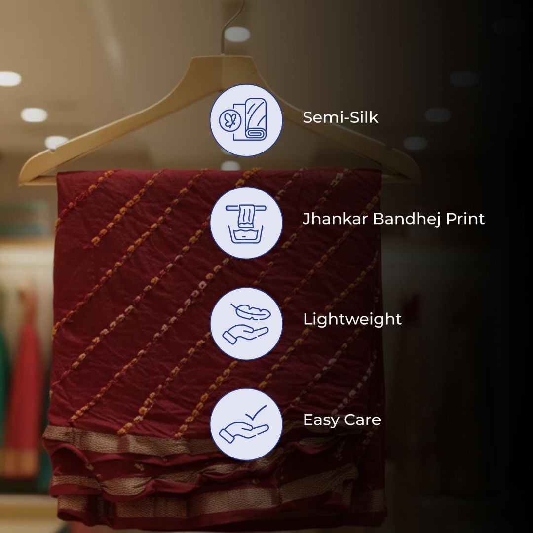 Rich Jhankar Bandhej Tie & Dye Semi Silk Saree in Deep Maroon Tones with Coordinated Blouse (Unstitched)