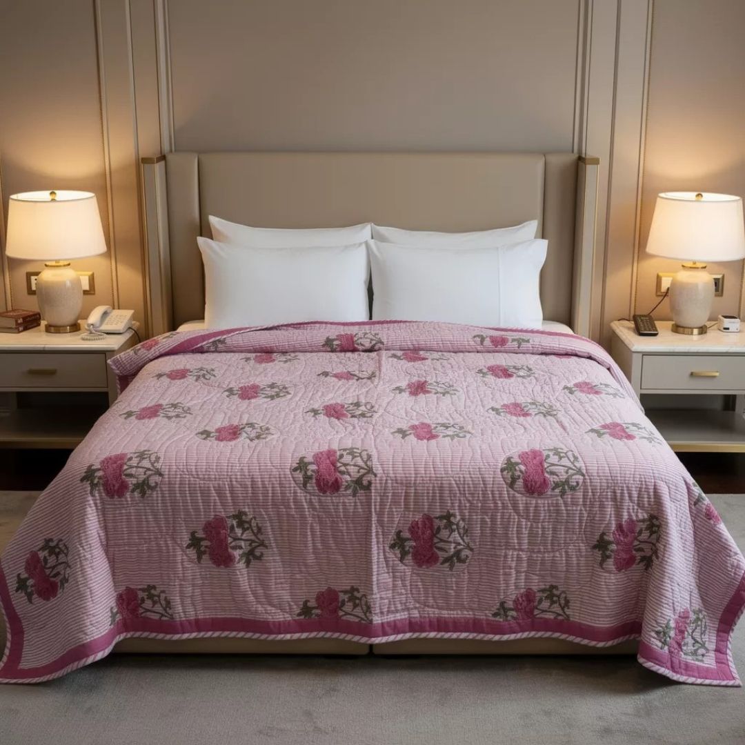 Single Double-Sided Block Printed Comforter in Soft Pink Floral Pattern