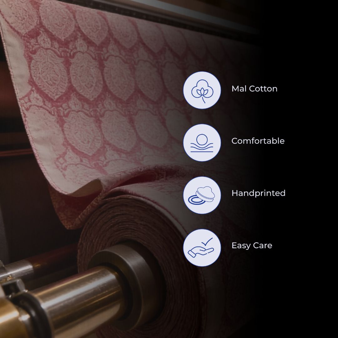 Single-Sided Block Printed Mal Cotton Fabric in Pink Geometric Pattern