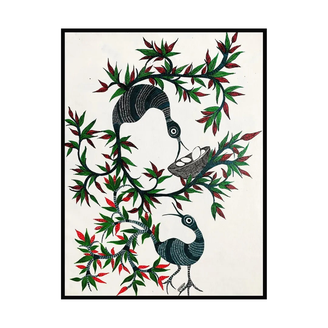 Whispers of the Forest: Gond Bird Handpainted Wall Art