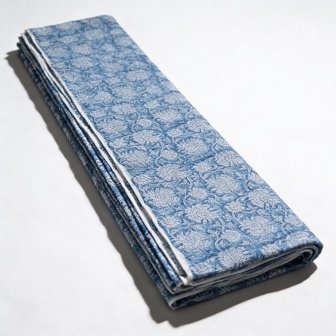 Single-Sided Block Printed Mal Cotton Fabric in Blue Floral Motif
