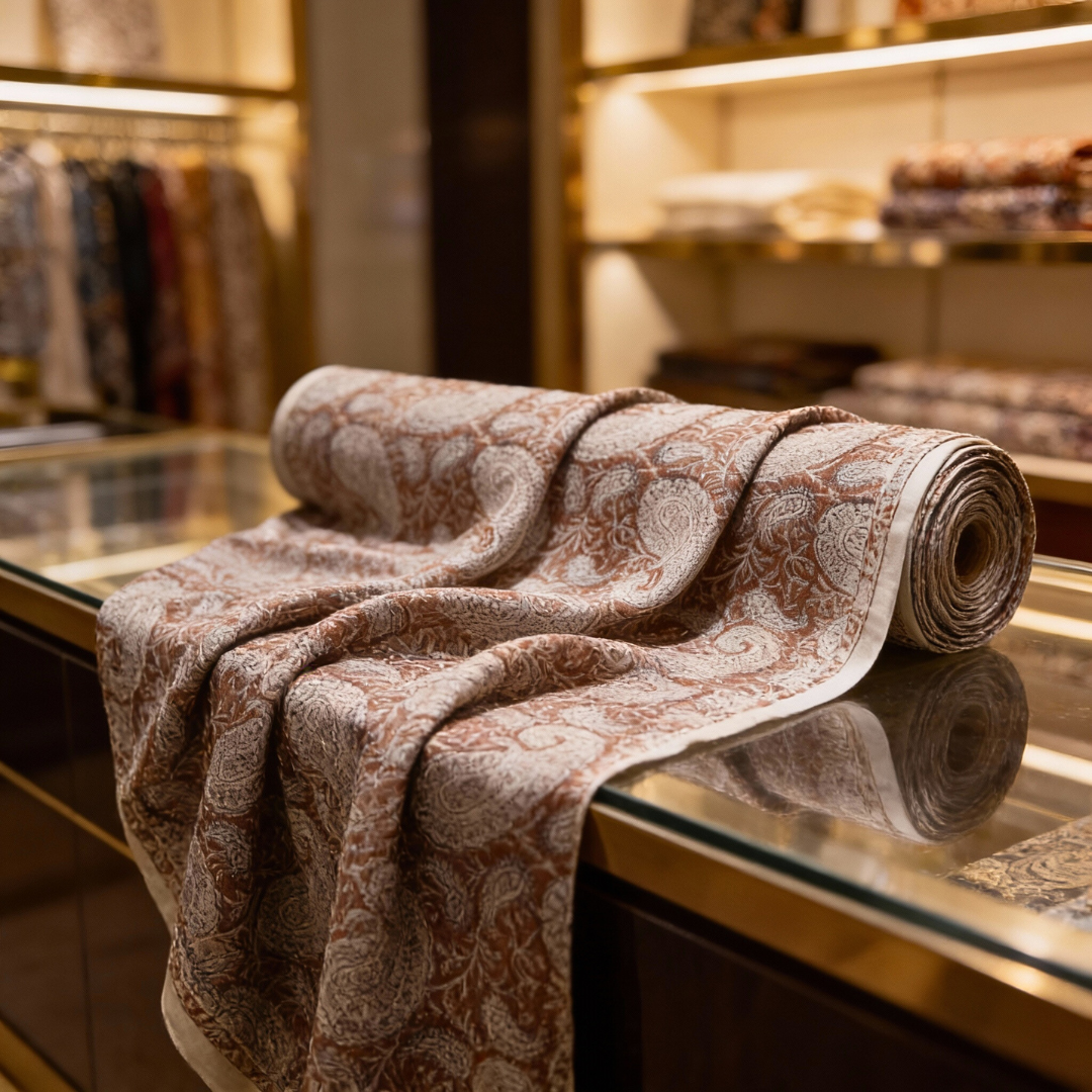 Single-Sided Block Printed Mal Cotton Fabric in Brown Paisley Pattern