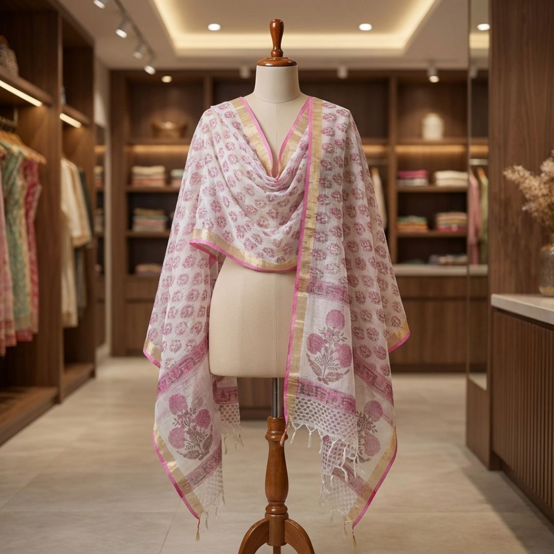 Hand Block Printed Kota Doriya Dupatta in Soft Pink Floral Pattern