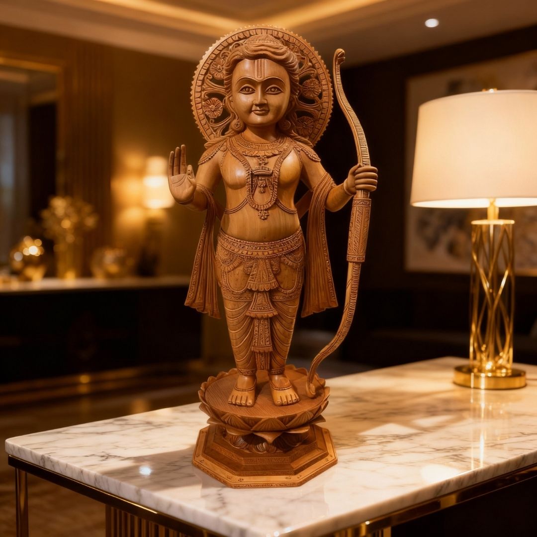 Hand-Carved Lord Rama Statue with Premium Detailing in Natural Wood