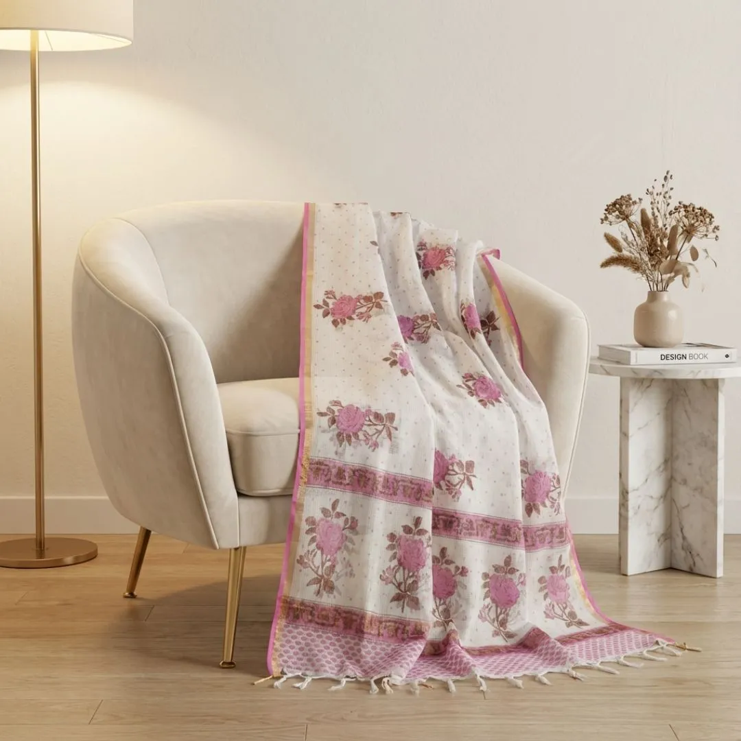 Hand Block Printed Kota Doriya Dupatta in Pink Floral Pattern