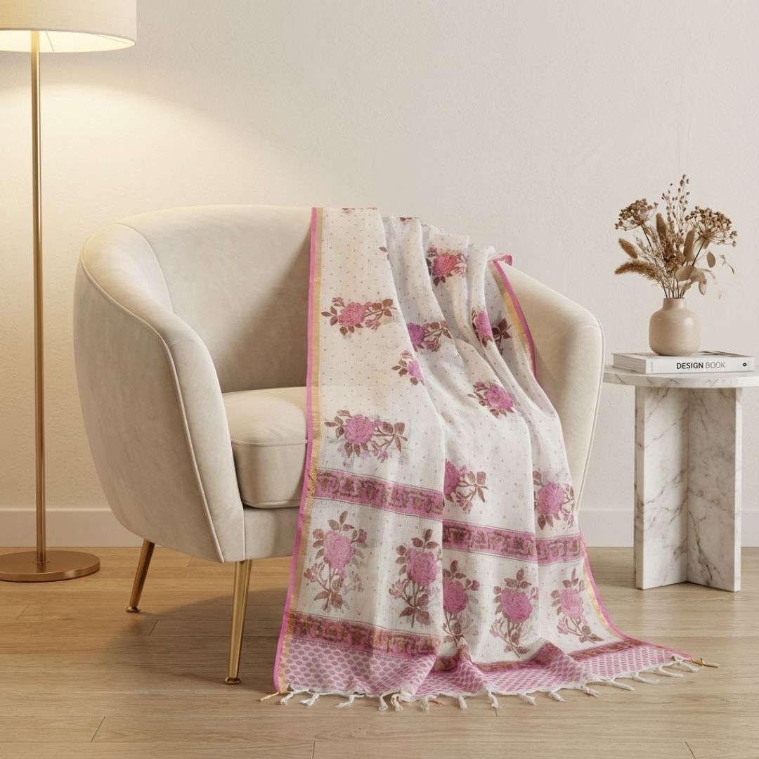 Hand Block Printed Kota Doriya Dupatta in Pink Floral Pattern