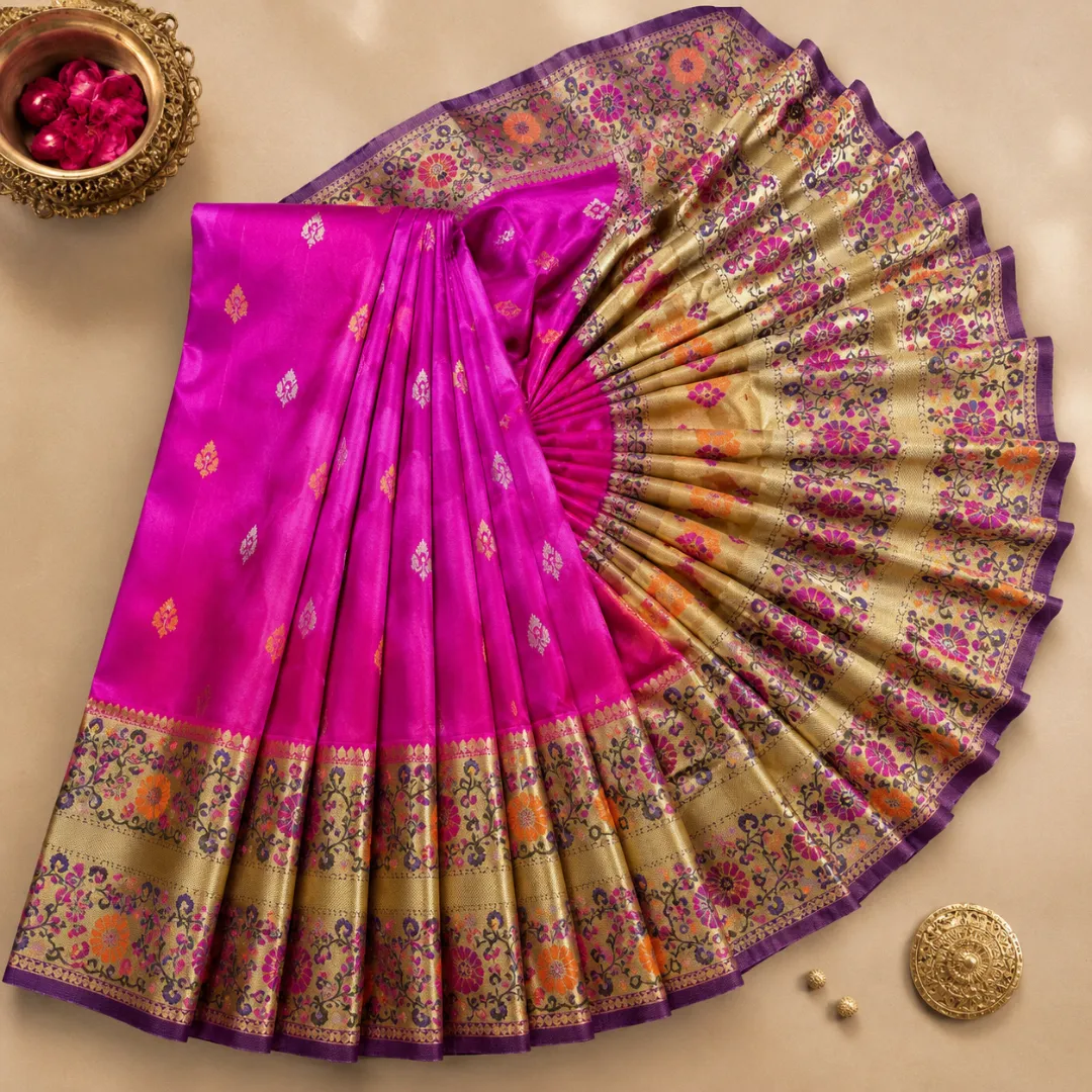 Handcrafted Fuchsia Pink Khadi Paithani Silk Saree 