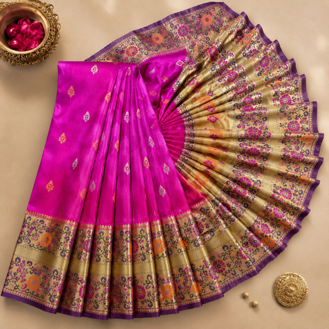 Handcrafted Fuchsia Pink Khadi Paithani Silk Saree 