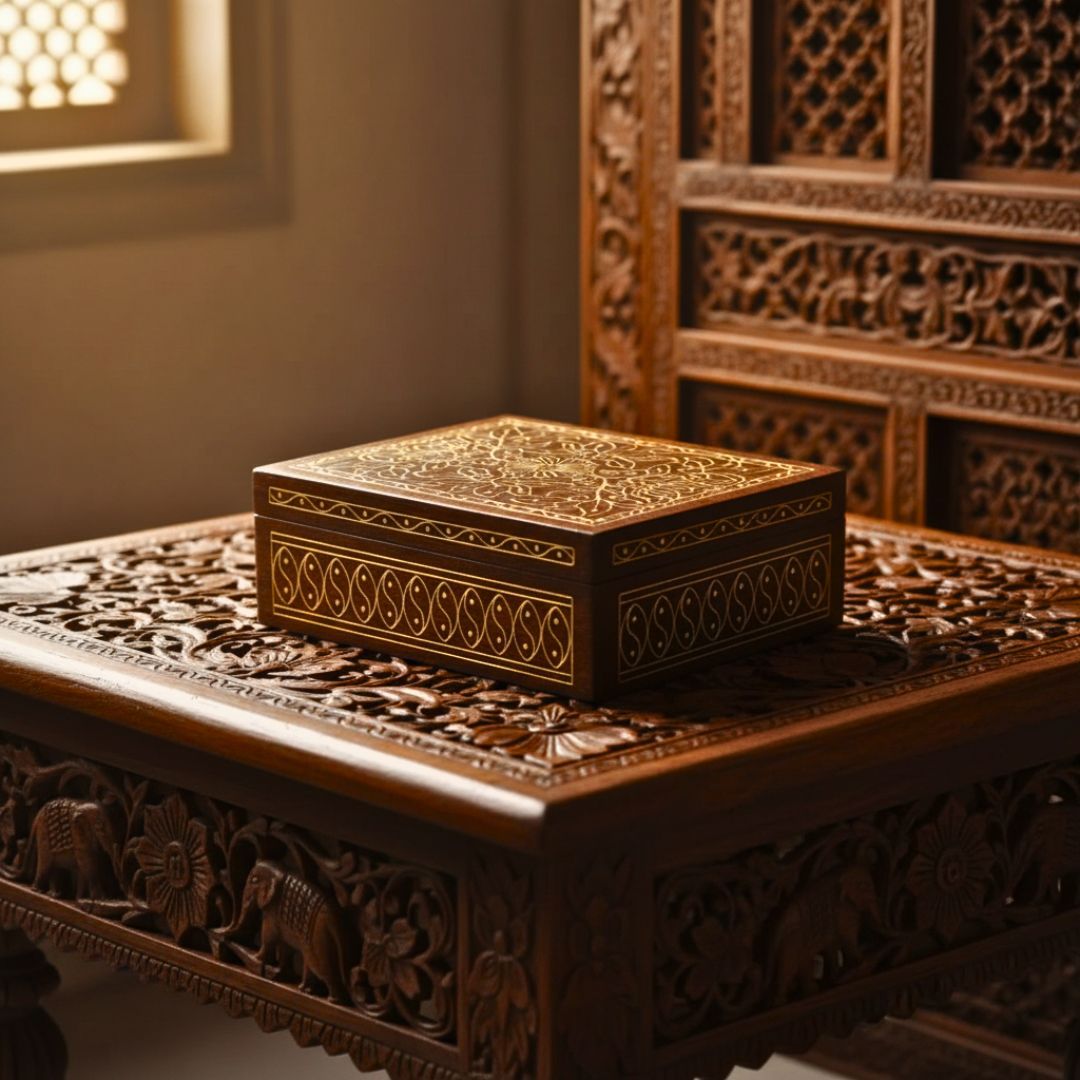 Royal Blossom Wooden Tarkashi Inlay Box for Jewellery and Keepsakes