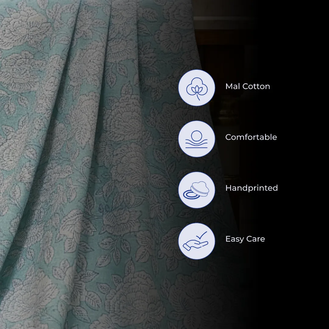 Single-Sided Hand Block Printed Mal Cotton Fabric – Soft Blue Floral | Sold Per Meter