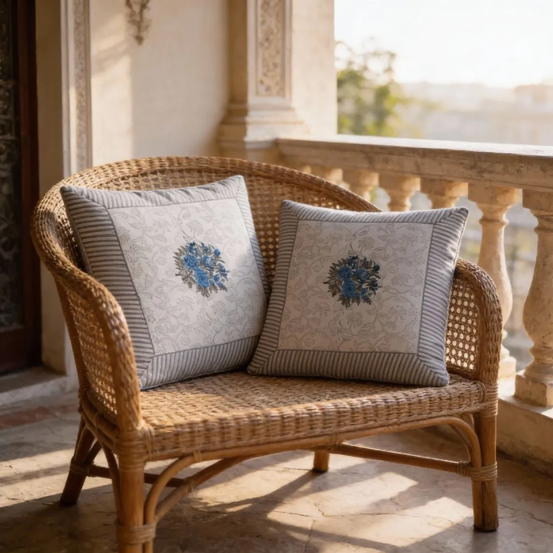 Block Printed Cotton Cushion Covers with Central Floral Motif (Set of 2)