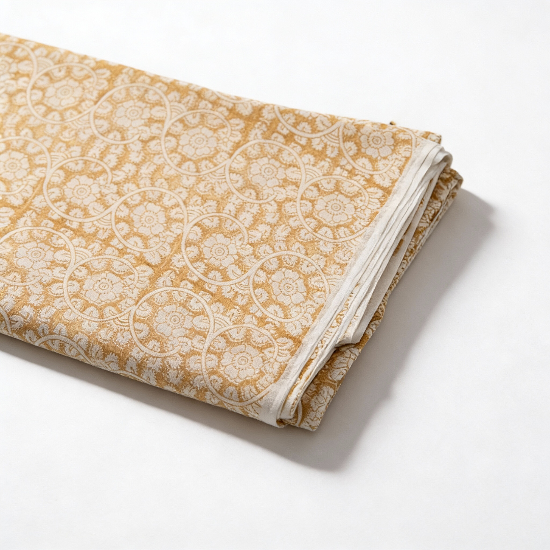 Single-Sided Block Printed Mal Cotton Fabric in Mustard Floral Pattern