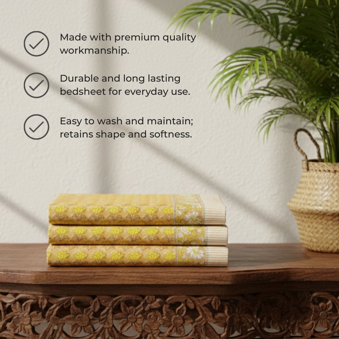 Single-Sided Block Printed Double Bedsheet in Yellow Floral Pattern