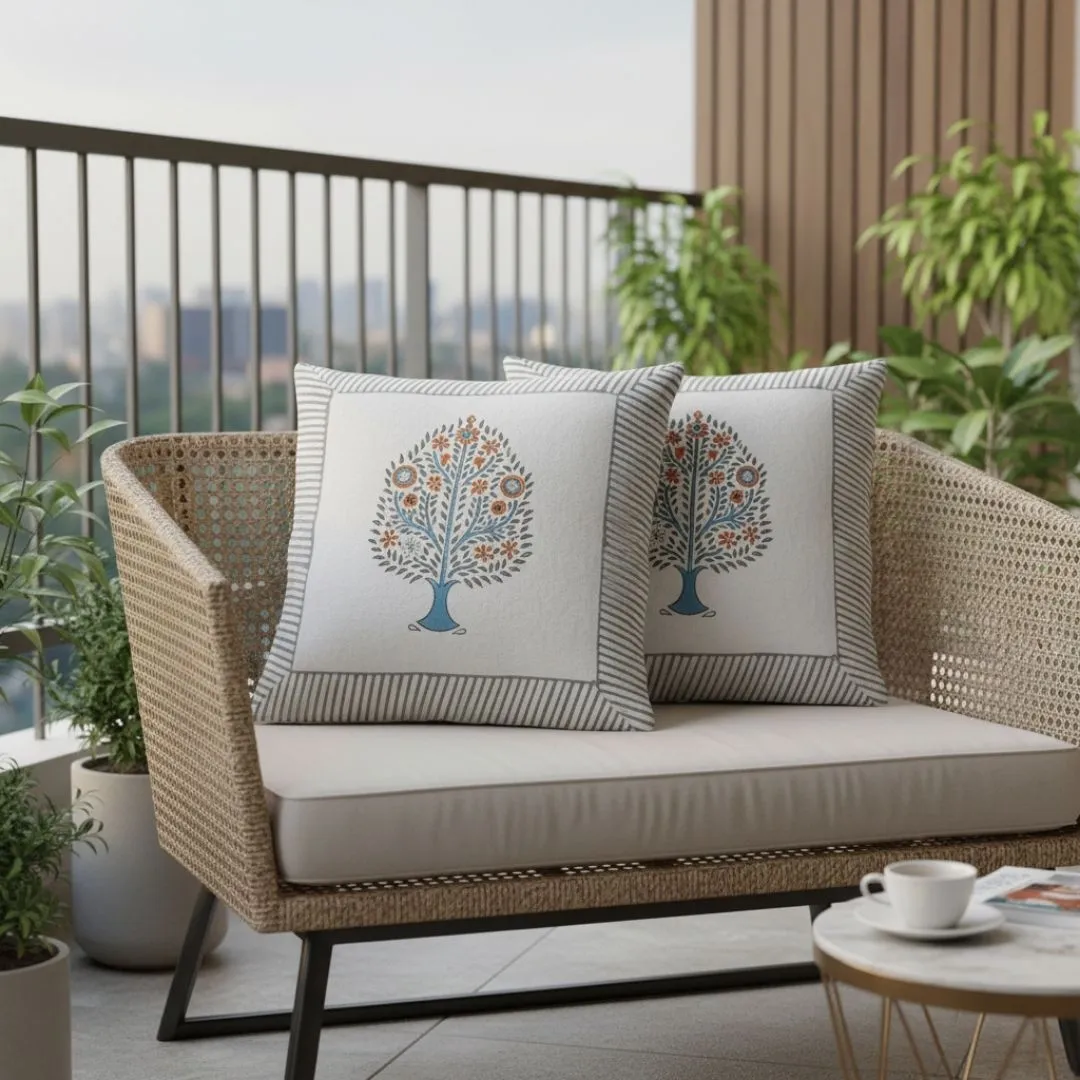 South Cotton Block Printed Cushion Covers with Central Floral Motif (Set of 2)