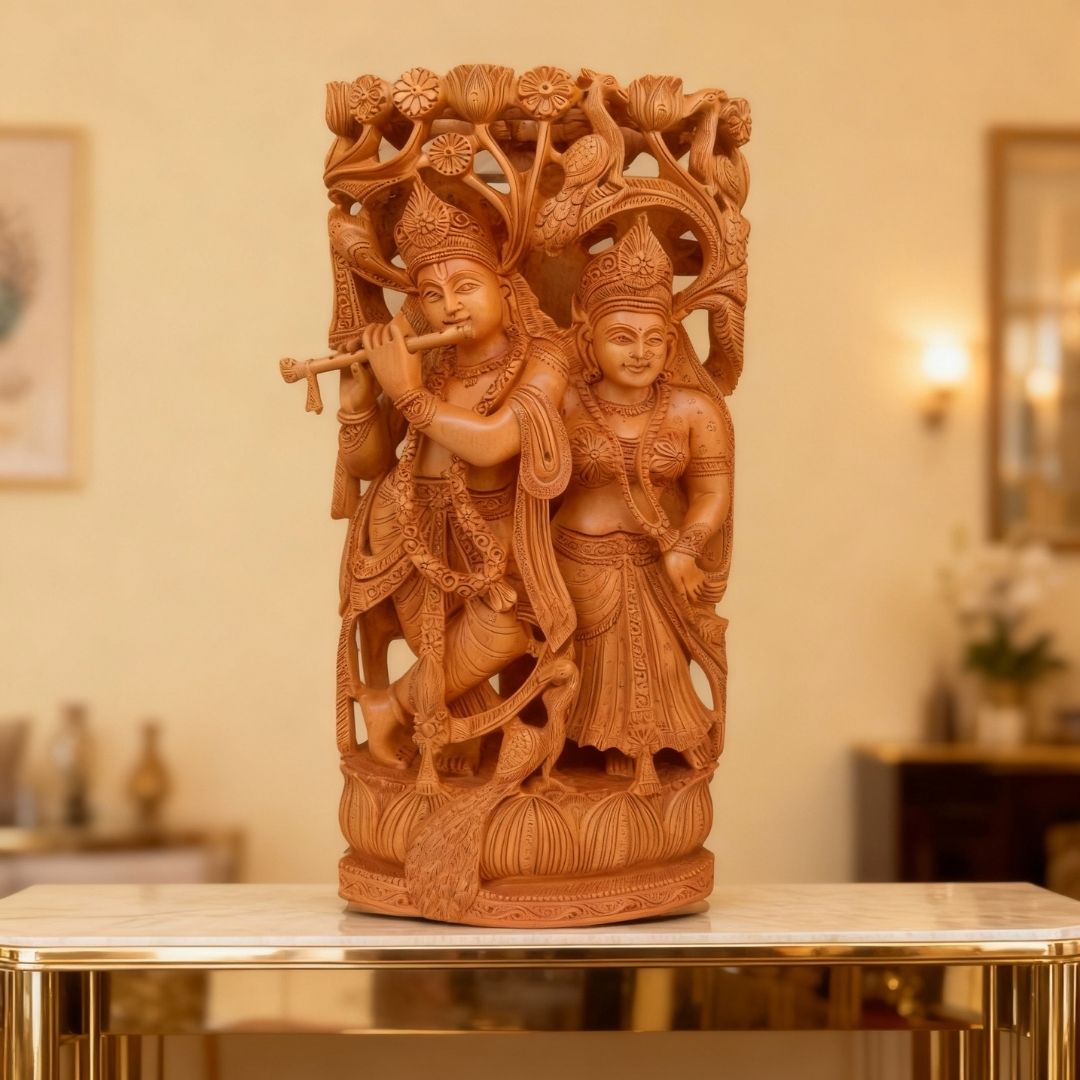 Radha Krishna Under Tree Sculpture with Peacock and Cow Carving in Sandalwood