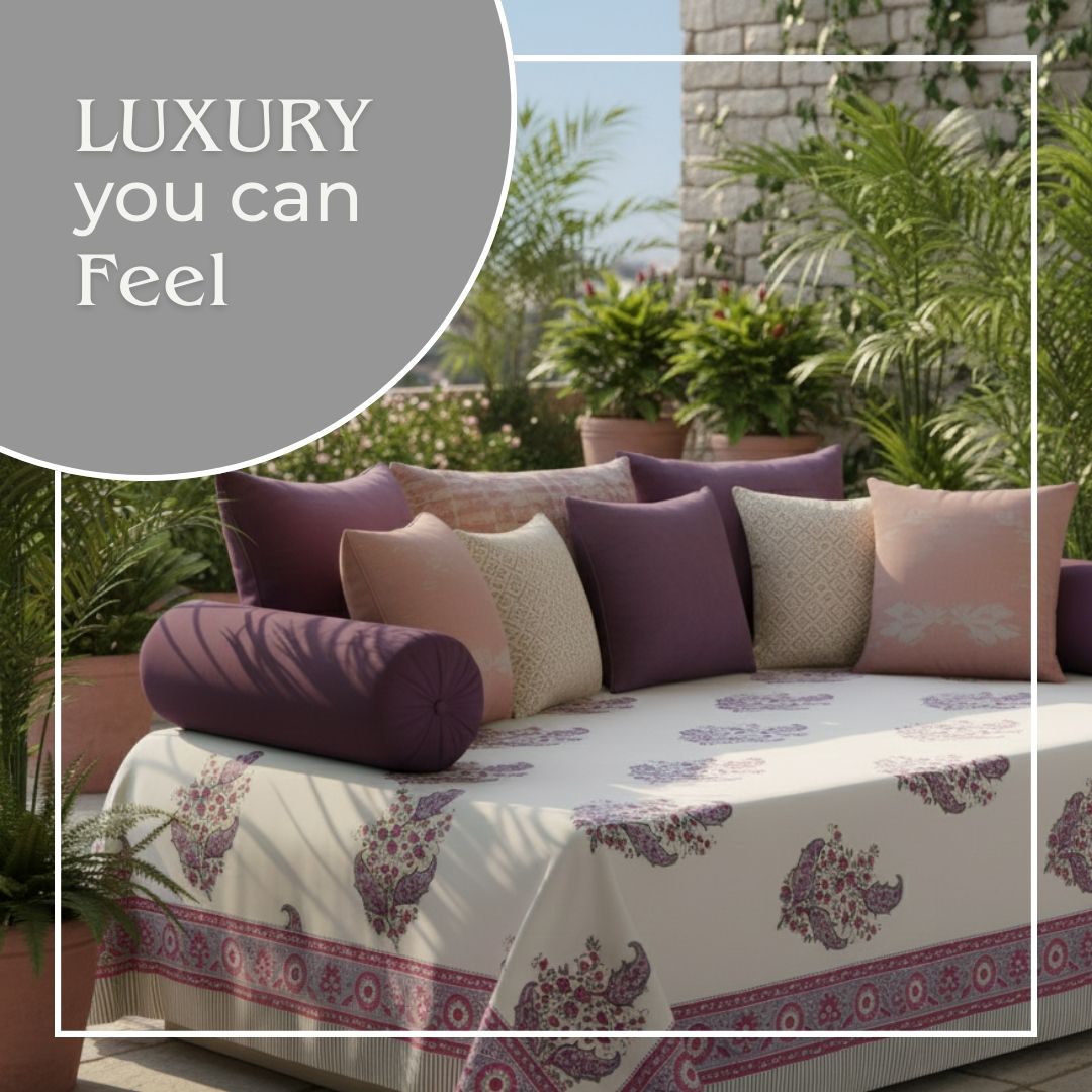 Single-Sided Block Printed Double Bedsheet in Grey Floral Motif